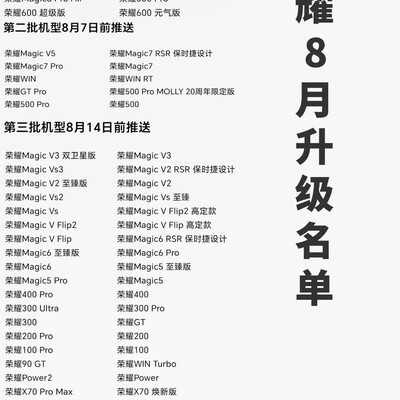 荣耀8月系统升级名单