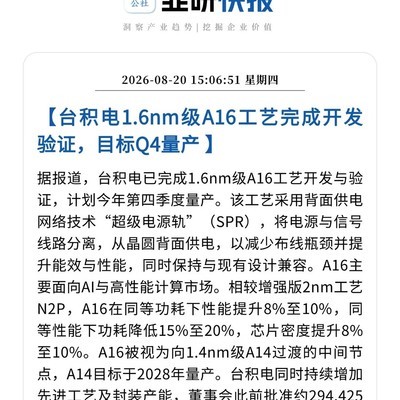 台积电A16工艺完成验证