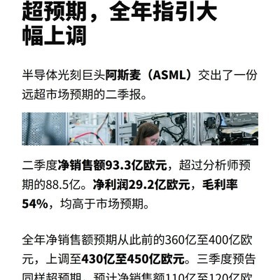 阿斯麦Q2业绩超预期